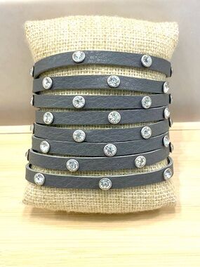 Gray Multi-Row Faux Leather Crystal Wrap Bracelet